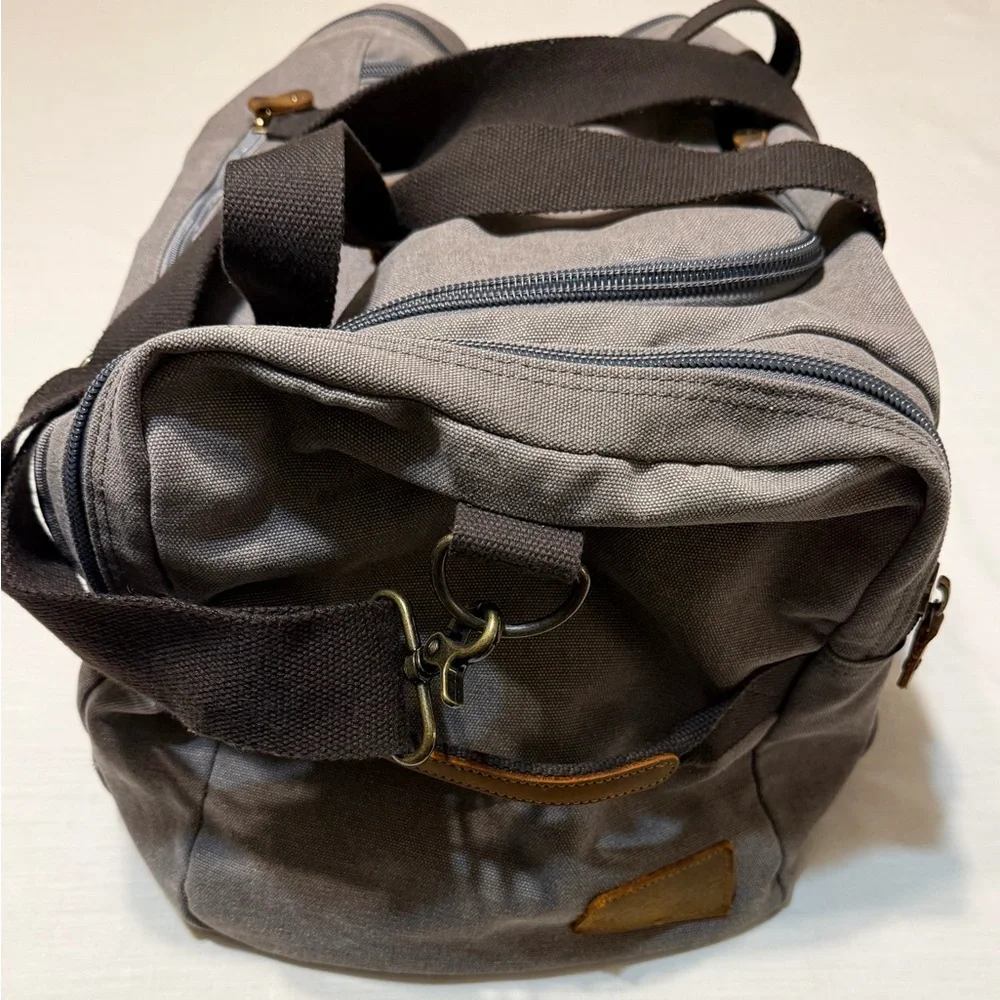 Aocome Gray Canvas Duffel Bag Leather Trim Travel Weekender/Shoe Compartment - Picture 9 of 13